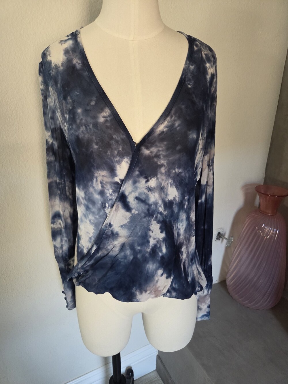 Women’s Navy Tie-Dye Wrap Style Long Sleeve Blouse.